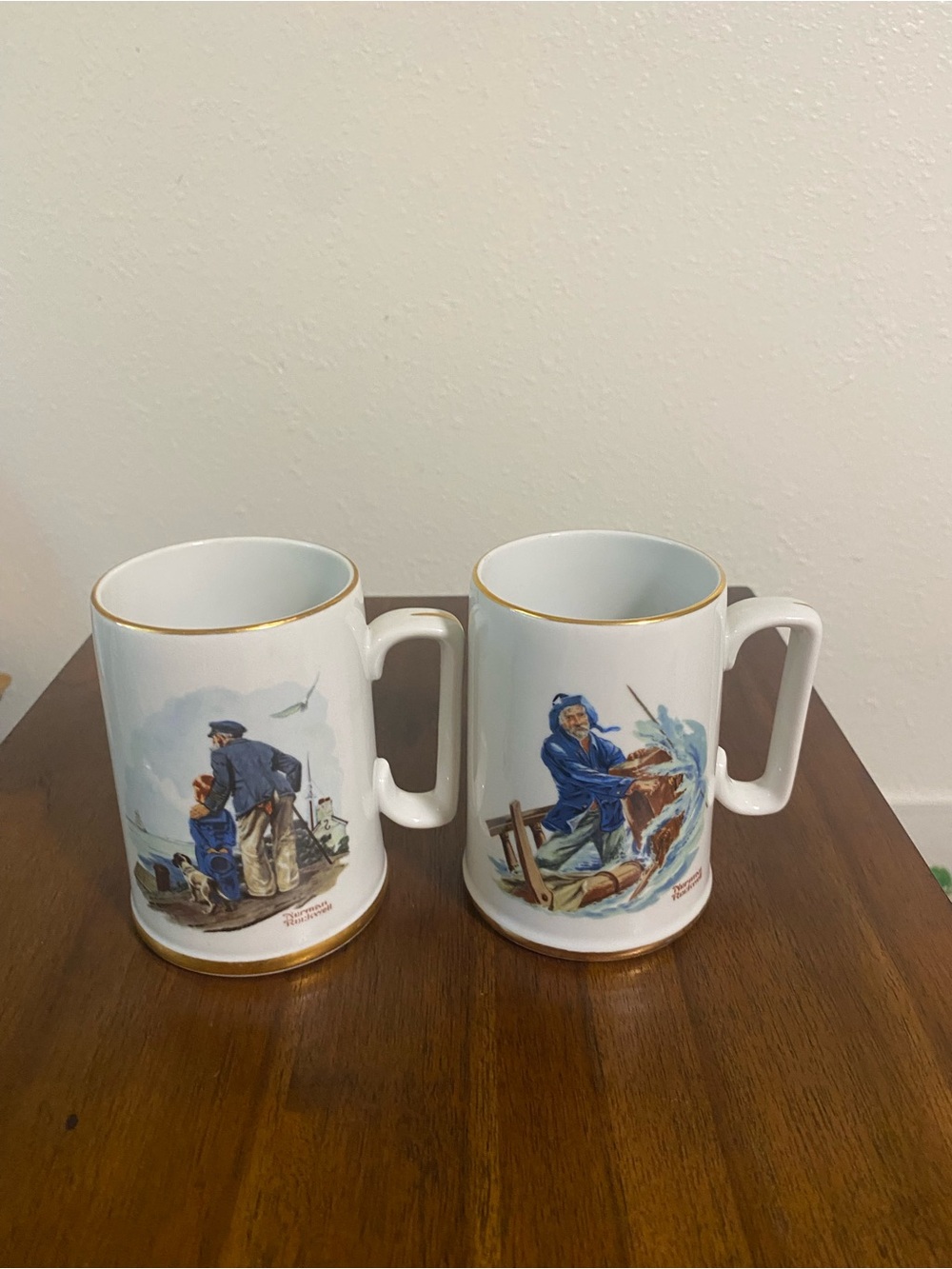 Norman Rockwell White Ceramic Mugs with Gold Trim and Nautical Artwork